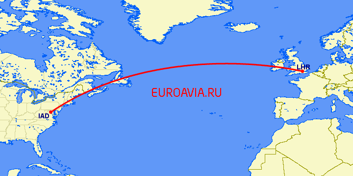 перелет Лондон — Вашингтон на карте