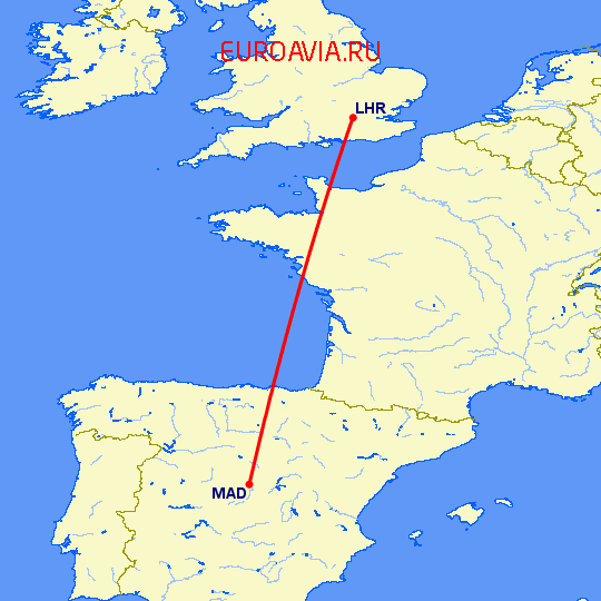 перелет Лондон — Мадрид на карте