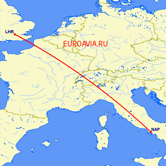 перелет Лондон — Неаполь на карте