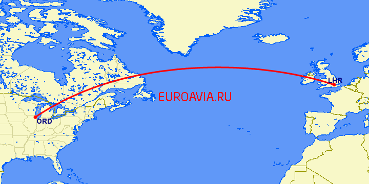 перелет Лондон — Чикаго на карте