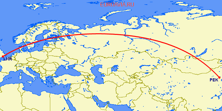 перелет Лондон — Пекин на карте