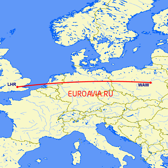 перелет Лондон — Варшава на карте