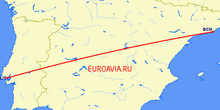 перелет Лиссабон — Барселона на карте