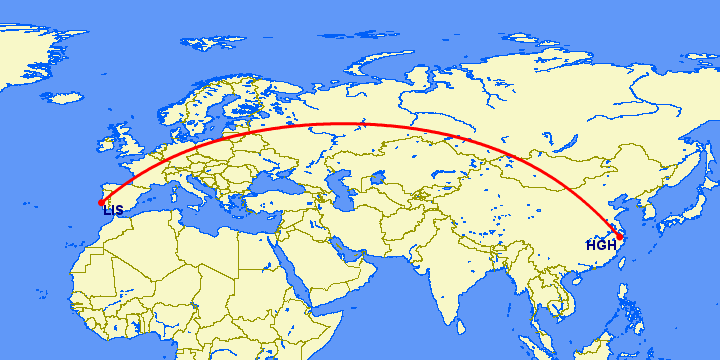 перелет Лиссабон — Ханчжоу на карте