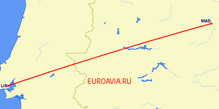 перелет Лиссабон — Мадрид на карте
