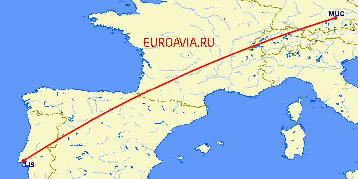 перелет Лиссабон — Мюнхен на карте