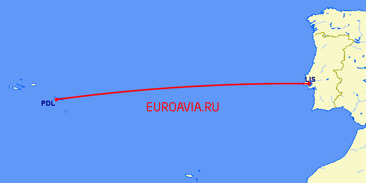 перелет Лиссабон — Ponta Delgada на карте