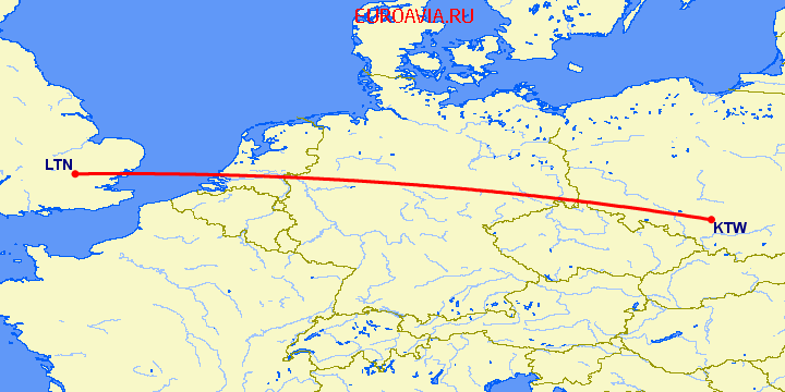 перелет Luton — Катовице на карте