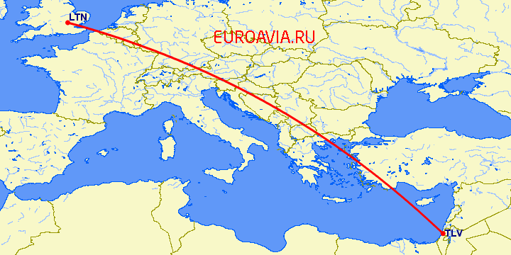 перелет Luton — Тель Авив на карте