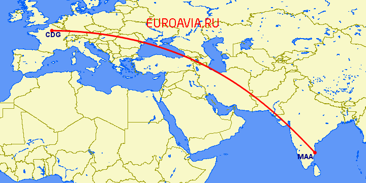 перелет Мадрас Ченнай — Париж на карте