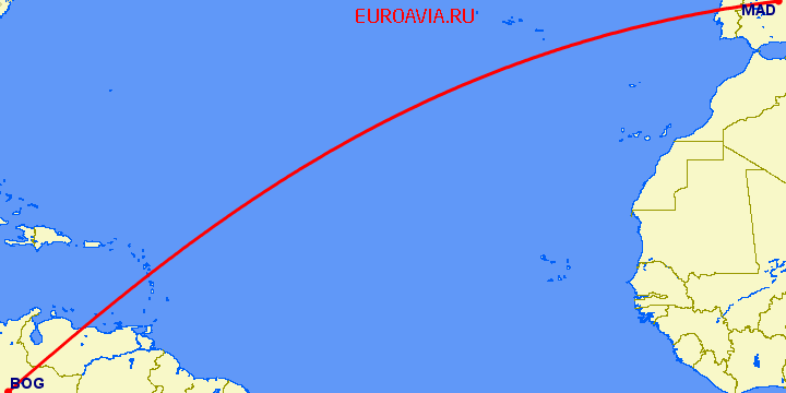 перелет Мадрид — Богота на карте