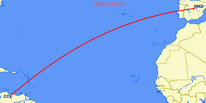 перелет Мадрид — Каракас на карте