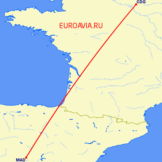 перелет Мадрид — Париж на карте