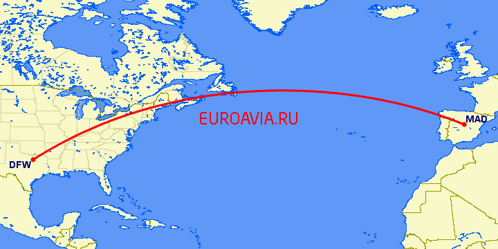 перелет Мадрид — Даллас на карте