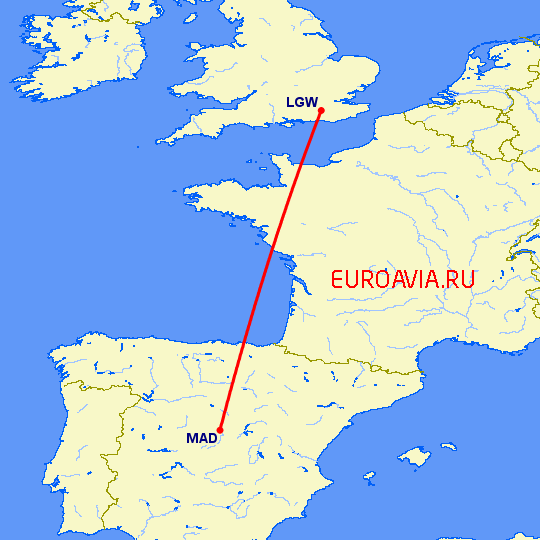 перелет Мадрид — Лондон на карте