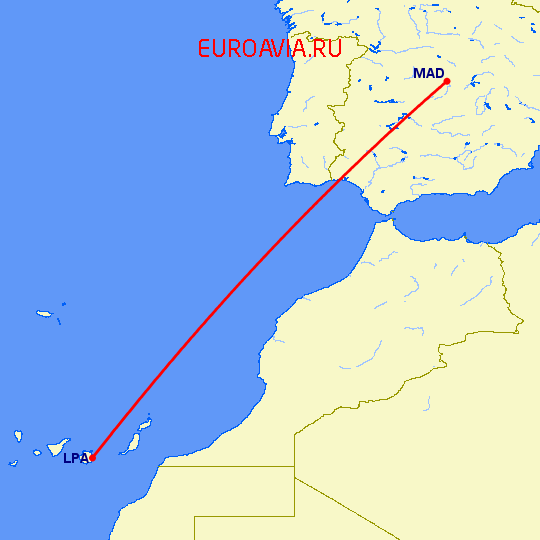 перелет Мадрид — Лас Пальмас на карте