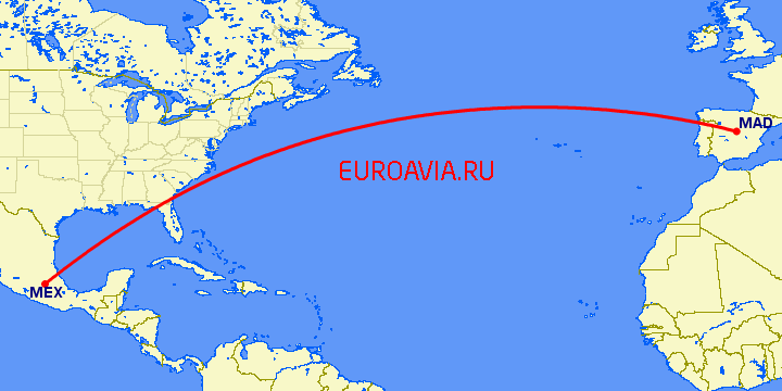 перелет Мадрид — Мексико Сити на карте