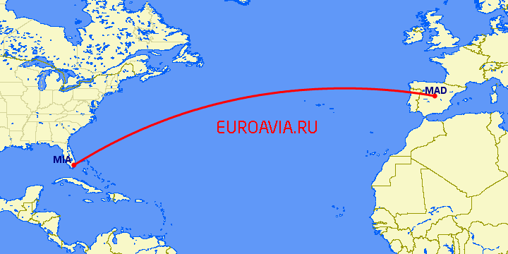 перелет Мадрид — Майами на карте