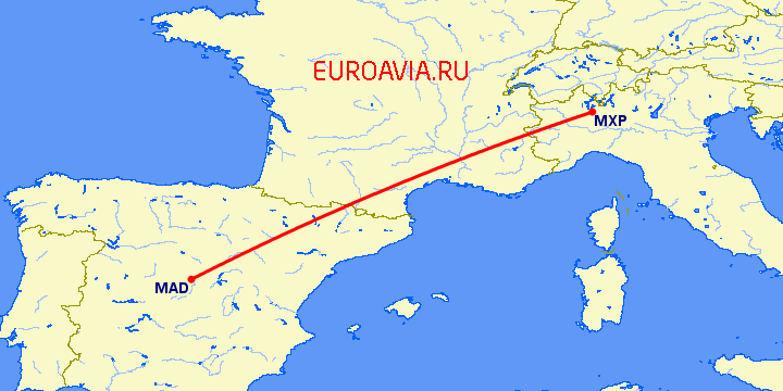 перелет Мадрид — Милан на карте