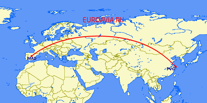 перелет Мадрид — Шанхай на карте