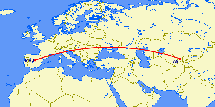 перелет Мадрид — Ташкент на карте