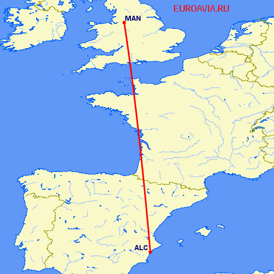перелет Манчестер — Аликанте на карте
