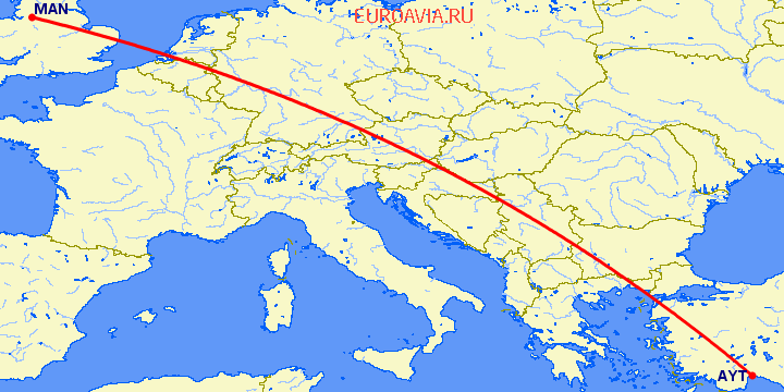 перелет Манчестер — Анталия на карте