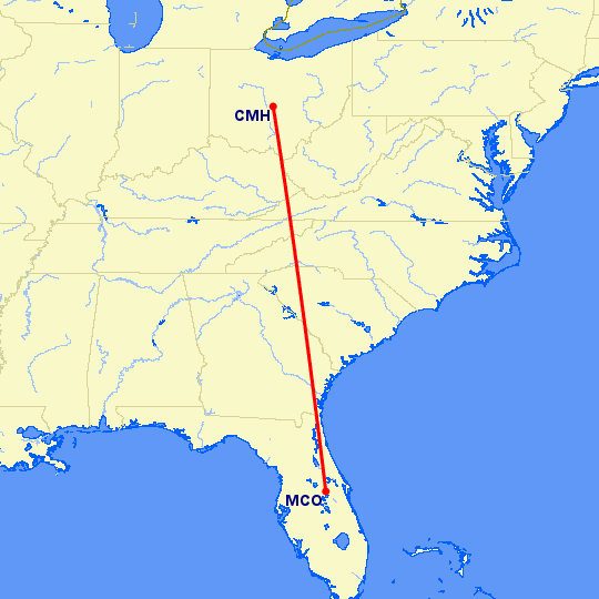 перелет Орландо — Колумбус на карте