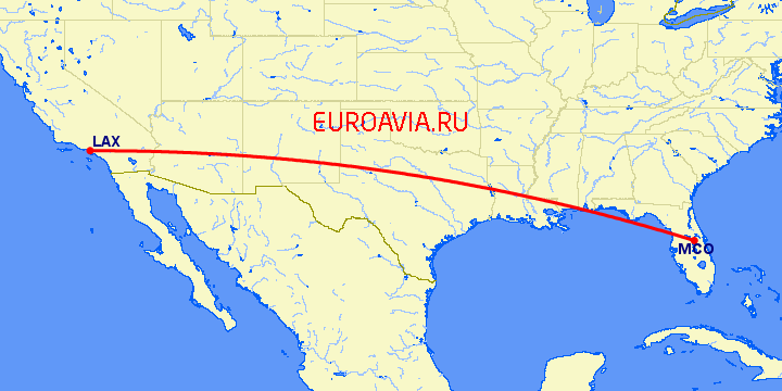 перелет Орландо — Лос Анджелес на карте