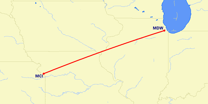 перелет Чикаго — Канзас Сити на карте