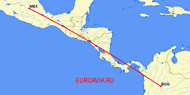 перелет Мексико Сити — Богота на карте