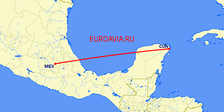 перелет Мексико Сити — Канкун на карте