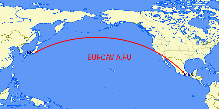 перелет Мексико Сити — Токио на карте