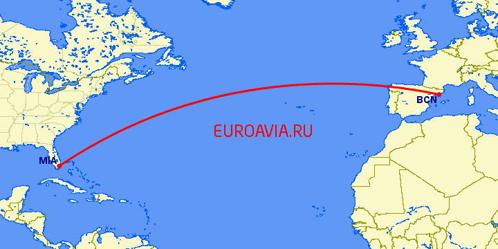 перелет Майами — Барселона на карте