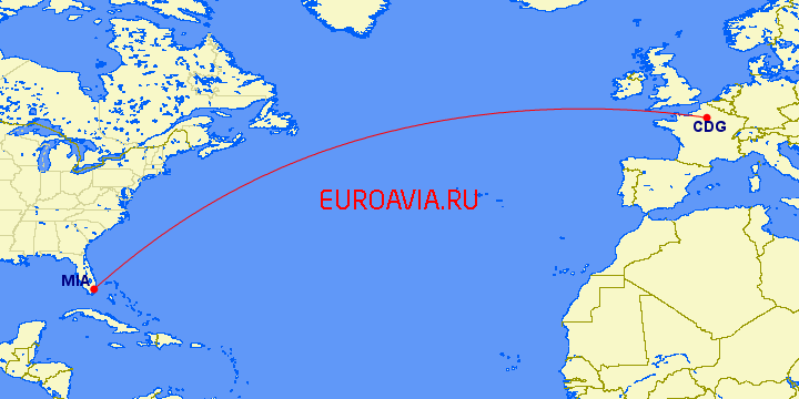 перелет Майами — Париж на карте