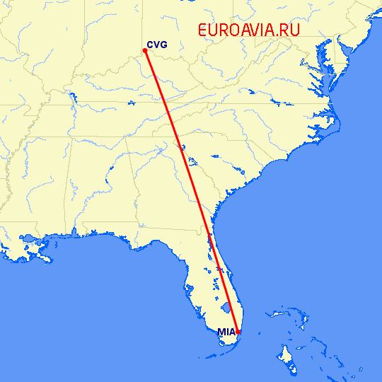 перелет Майами — Кавингтон на карте