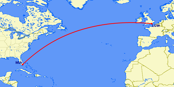 перелет Майами — Лондон на карте