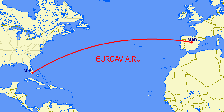 перелет Майами — Мадрид на карте