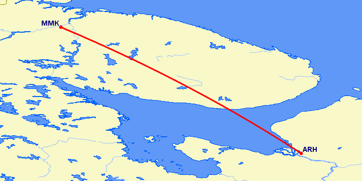 перелет Мурманск — Архангельск на карте