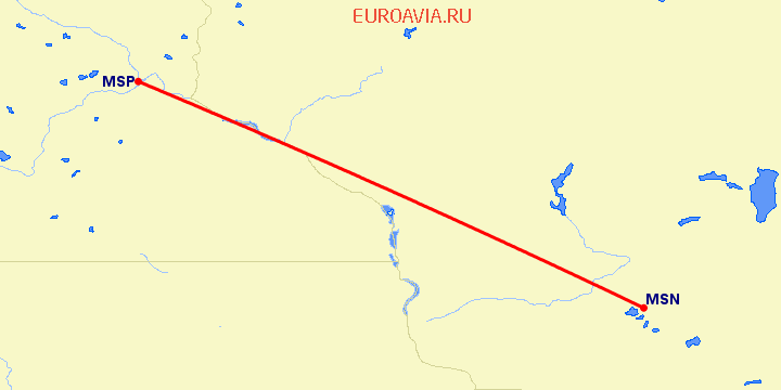 перелет Madison — Миннеаполис на карте