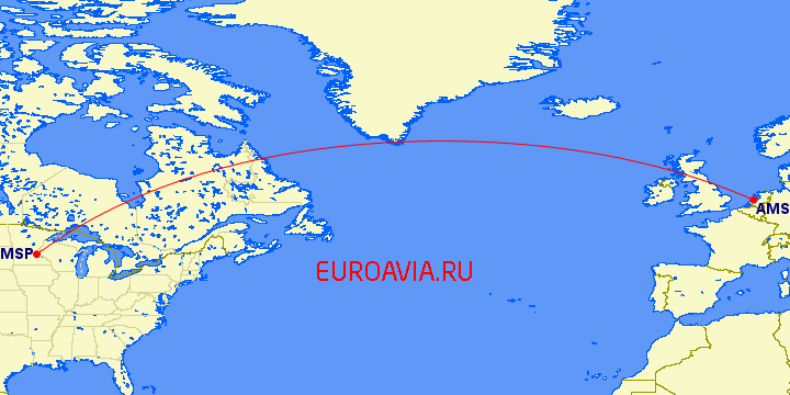 перелет Миннеаполис — Амстердам на карте