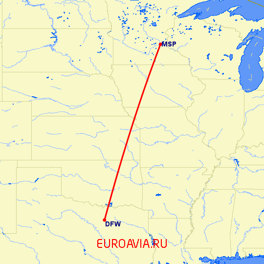 перелет Миннеаполис — Даллас на карте