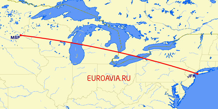 перелет Миннеаполис — Нью Йорк на карте