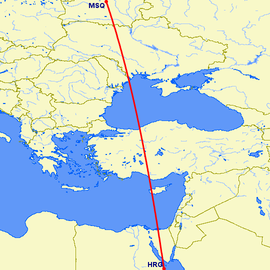 перелет Минск — Хургада на карте
