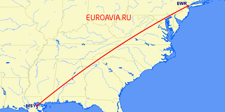 перелет Новый Орлеан — Ньюарк на карте