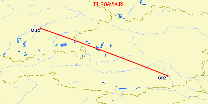 перелет Мюнхен — Грац на карте