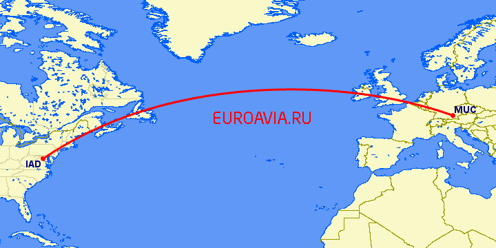 перелет Мюнхен — Вашингтон на карте
