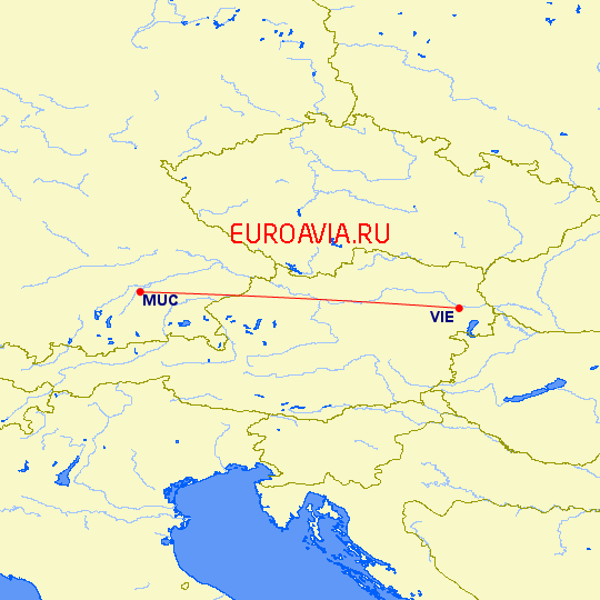 перелет Мюнхен — Вена на карте