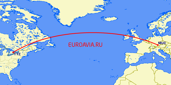 перелет Мюнхен — Торонто на карте