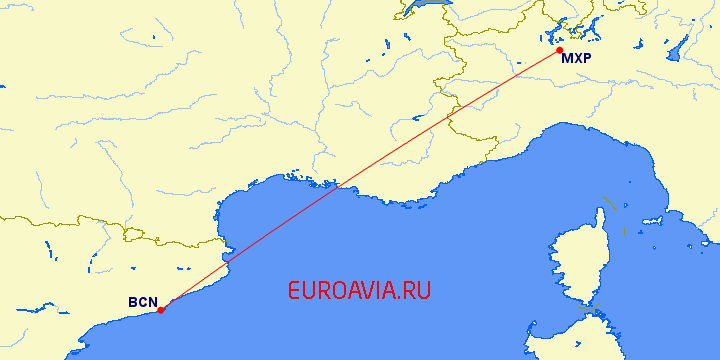 перелет Милан — Барселона на карте
